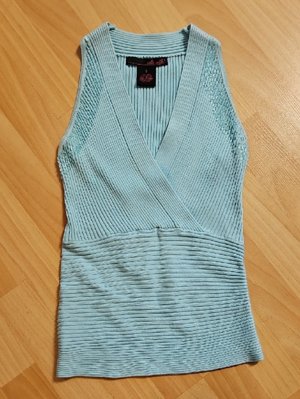 Sleeveless Halter in Light Turquoise Silk Blend Beautiful Iridescent Beading